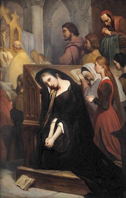 Ary Scheffer - Marguerite in the Church Story Book Art, Goethe's Faust, Kneeling In Prayer, Santa Paula, Fairy Tale Illustrations, Detroit Institute Of Arts, Tate Gallery, Our Lady Of Sorrows, Fairytale Illustration