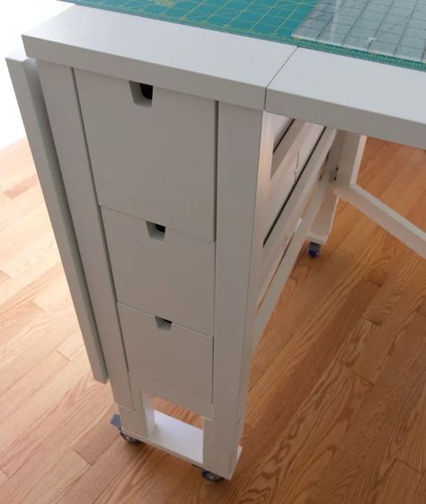 Curting Table, Ikea Hack Craft Table, Ikea Hack Sewing Room, Sewing Tables Diy, Ikea Norden Table Casters, Ikea Norden Sewing, Sewing Table Ikea Hack, Small Sewing Table Ideas, Diy Craft Table With Storage Ikea Hacks