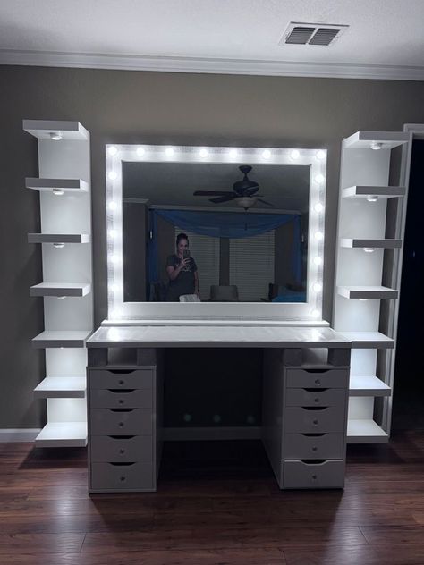 Billy Bookcase Vanity, Vanity Ikea Ideas, Big Vanity Ideas Bedroom, Ikea Makeup Vanity Ideas, Vanity Setup Ideas, Room Setup Ideas Bedrooms, Ikea Vanity Ideas, Ikea Vanity Hack, Glam Makeup Vanity