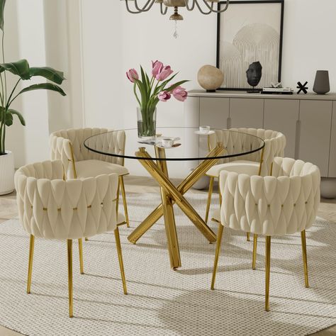 PRICES MAY VARY. [Mid Century Dinner Table Set with Non-slip Mads] This modern clear dinette set includes 1 table and 4 chairs, and it is charming and suitable for all home styles. Plus, we always insist on high quality products. The plated metal frame matches the non-slip feet we use, which are durable and sturdy, so it must be an ideal furniture choice. [High Quality & Durable Woven Chairs] This modern dining chair is made of premium velvet fabric with no complicated design, but it is perfect Circle Dining Room Table, Circular Kitchen Table, Woven Chairs, Dinner Table Set, Round Dining Table Set, Dining Table Set For 4, Glass Dining Table Set, Glass Round Dining Table, Round Dining Table Sets