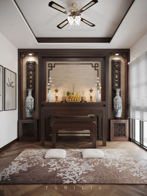 Buddhist Interior Design, Chinese Altar Design, Spiritual Bedroom, Indochine Interior, Indochine Style, Industrial Style Interior, Altar Design, Chinese Interior, Foyer Design