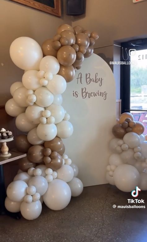 Coffee Themed Balloon Arch, Coffee Gender Reveal Ideas, A Baby Is Brewing Baby Shower Ideas Fall, Coffee Theme Gender Reveal, A Baby Is Brewing Coffee Theme, Baby Brewing Baby Shower Ideas, Baby Brewing Coffee Shower Ideas, Starbucks Baby Shower Ideas, Coffee Bean Baby Shower Ideas