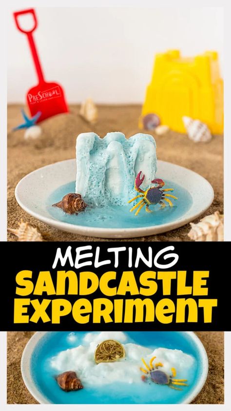 Just because it's summertime doesn't mean the learning has to stop. In fact, now is the time to incorporate lots of fun, engaging summer activities for kids! This sandcastle activities allow toddler, preschool, pre-k, kindergarten, first grade, and 2nd graders to learn some summer science. Include this baking soda and vinegar experiment in your upcoming beach theme for an outrageoulsy fun kids activity. Fun Summer Daycare Activities, Summer Time Activities For Preschoolers, Seaside Activities For Kids, Preschool Summer Science Activities, Beach Ball Activities For Preschool, Beach Stem Activities For Kids, Preschool Sand Activities, Beach Homeschool Ideas, Sandcastle Art Preschool