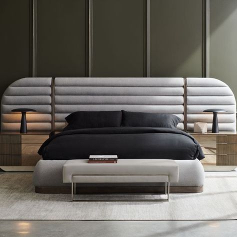 Caracole La Moda upholstered panel bed with panels Grey Bedroom Set, King Upholstered Platform Bed, Brown Nightstands, Caracole Furniture, Platform Bedroom Sets, Bed With Posts, Platform Bedroom, Upholstery Bed, King Platform Bed