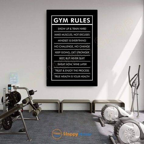 Create a motivating workout space with our Gym Rules Wall Art! This minimalist piece features inspiring quotes to keep you focused. Available in paper, canvas, or matte fine art papers. Perfect for any room, from your living room to your workshop. Get yours now! #gymrules #homedecor #fitnessmotivation #workoutroom #minimalist #happyhomeshop 🏋️‍♀️💪🖼️ Gym Wall Frames, Gym Framed Wall Art, Posing Room Gym, Gym Poster Ideas, Gym Signs Ideas, Home Gym Quotes, Gym Room Aesthetic, Gym Poster Design Creative, Gym Interior Design Ideas Fitness Studio