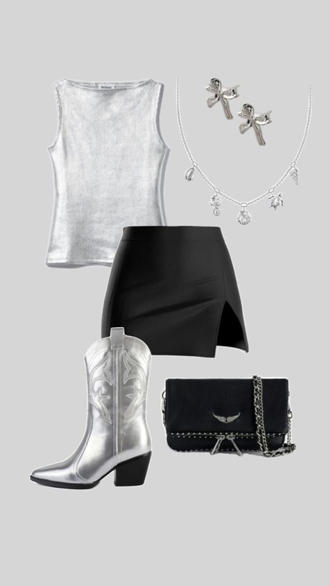 Silver cowboy boots bag zandig en Voltaire skirt silver top weekday and silver jewelers ✨✨ Silver Cowboy Boots, Rich Summer, Silver Aesthetic, Top Summer Outfits, Silver Boots, Looks Country, Rodeo Fashion, Stockholm Style, Country Concert Outfit