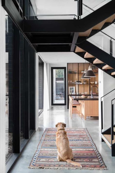 Scandinavian modern home with a black and white palette in Venice Beach Kid Furniture, Plywood Floors, Black Houses, Flooring Laminate, Concrete Flooring, Concrete Lamp, Small Cafe, Bakery Design, Amber Interiors