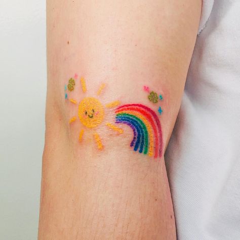 Rainbow And Sun Tattoo Sunshine Rainbow Tattoo, Sun Cloud Rainbow Tattoo, Cartoon Sun Tattoo, Rainbow And Cloud Tattoo, Sun Rainbow Tattoo, Cute Rainbow Tattoo, Sun And Rainbow Tattoo, Rainbow Bright Tattoo, Sun Tattoo Color