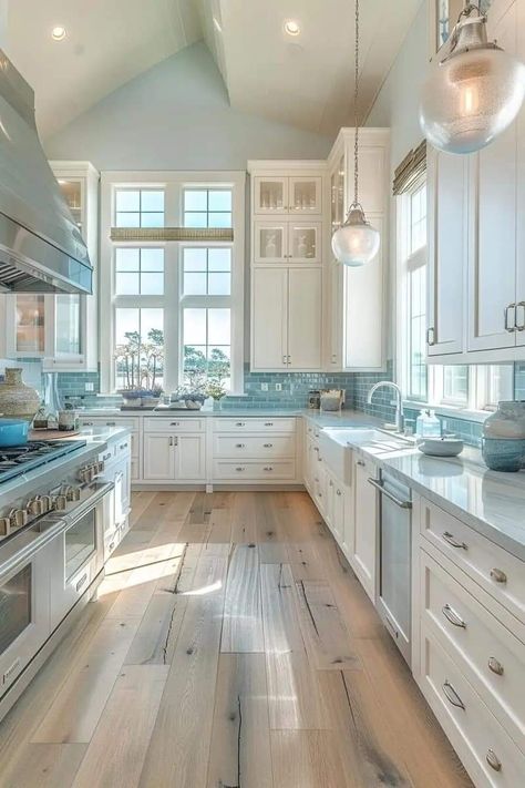 Modern California Coastal Kitchen, Farmhouse Beach Kitchen, Coastal Kitchen Renovation, Coastal Kitchen White Cabinets, Beach House Aesthetic Kitchen, Coastal Boho Interior Beach Houses, Beach Condo Kitchen Remodel, Beach Boho Kitchen, Coastal Granddaughter Kitchen