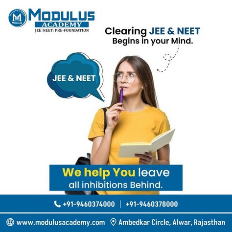 Clearing #JEE and #NEET Begins in your mind, we help you to leave all inhibitions behind🎓 🏬 Modulus Academy provides the best techniques with a high success rate is our distinctive approach, which is simple for any student to adopt. 👉Apply now for fall 2022! 🌐modulusacademy.com 📢 Call for more info 📞 9460374000 📞 9460378000 #IIT #IITJEE #NEET #neetinstitute #jeecoaching #iitcoaching #learn #education #iitjeepreparation #neetexam #neetpreparation Neet Exam, Marketing Graphics, Food Poster Design, Success Rate, Food Poster, Fall 2022, Poster Design, Foundation, Mindfulness