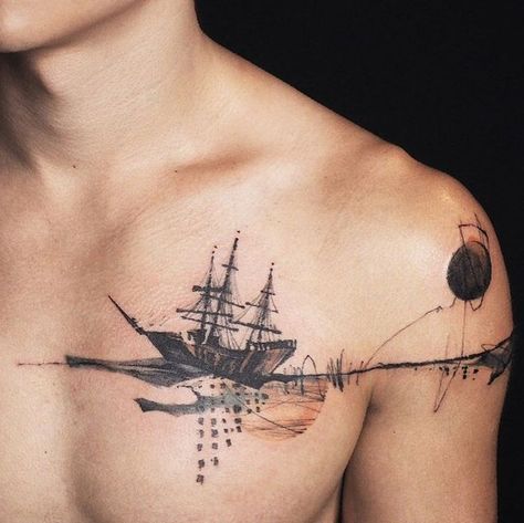 Cosmo Tattoo Universe, Sailboat Tattoo, Artsy Tattoos, Sketch Style Tattoos, Colorful Tattoos, Blackwork Tattoos, Wrist Tattoos For Guys, South Korea Seoul, Inspiration Tattoos