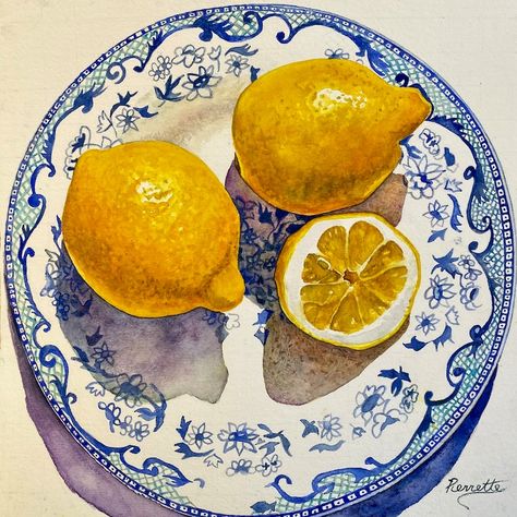 Spode Blue Bowl & Lemons, Watercolor Painting by Pierrette Komarek, 12 X 13 Chinoiserie Decor, Watercolor Lemons, Gift - Etsy Canada Fruit Painted Bowl, Lemon Acrylic Paintings, Lemon Art Paintings, Italy Watercolor Paintings, Amalfi Painting, Bowl Texture, Lemon Oil Painting, Lemons Watercolor, Lemons Painting