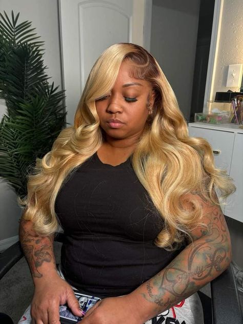 Blondes have more fun ✨ Service : Frontal Wig Install x Roots x Tone 613 Link in Bio or Check Profile Black Roots With Brown Hair, Blonde Wig With Black Roots, Brown Roots Blonde Hair Black Women, Blonde Hair Frontal Wig, 613 With Brown Roots, Side Part Blonde Wig Black Women, Toned 613 Wig, Blonde Wig Brown Roots, 613 Brown Roots