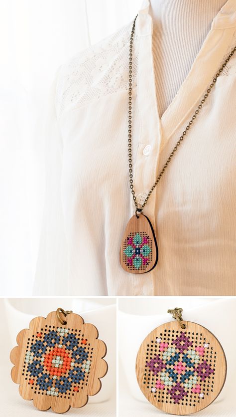 Cross stitch wood pendants - diy kit Wood Journal, Cross Stitch Necklace, Stitch Jewelry, Laser Beam, Embroidered Necklace, Bag Art, Wooden Necklace, Book Holders, Printed Art