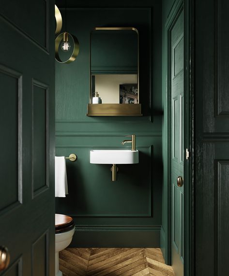 Small Downstairs Toilet, Dark Green Bathrooms, Cloakroom Toilet, Toilet Room Decor, Small Toilet Room, Downstairs Loo, Cloakroom Basin, Downstairs Toilet, Toilet Room