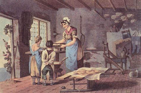 From "The Costume of Yorkshire" by George Walker 1814. Note oatcakes being hung from the ceiling to dry. History Of Baking, George Walker, Tudor Era, History Magazine, Oat Cakes, Farmer Wife, Food History, Medieval History, British Library