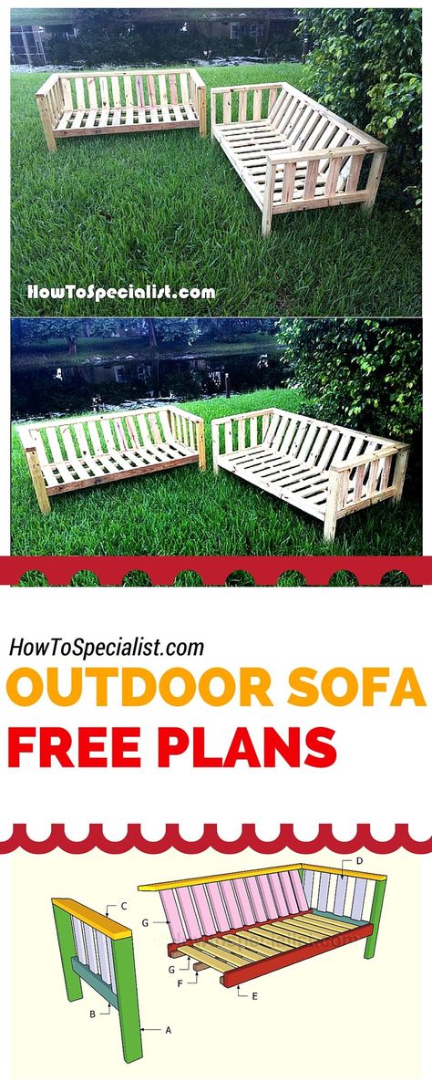 How to build an outdoor sofa - Easy to follow plans and instructions for you to make a backyard couch using just 2x4s! howtospecialist.com #diy #outdoorfurniture Ideas Para Decorar Jardines, Diy Patio Ideas, Outdoor Furniture Plans, Outdoor Couch, Pallet Outdoor, Diy Sofa, Pallet Furniture Outdoor, Free Plans, Pallet Ideas