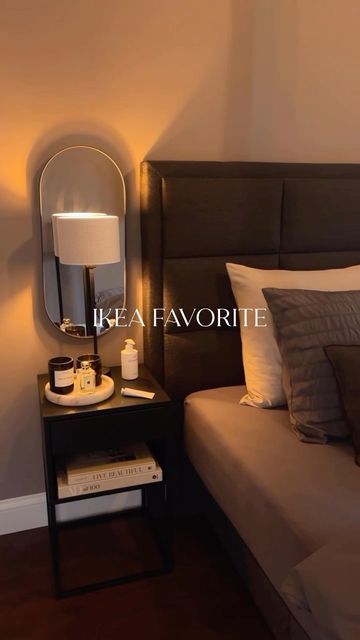 Ikea Bedroom Black Furniture, Ikea Bed Frame Black, Ikea Bedroom Dark, Vikhammer Bedside Table, Black And Off White Bedroom Ideas, Black Ikea Nightstand, Vikhammer Nightstand Styling, Bedroom Nightstand Styling, Bedroom Inspirations Nightstands