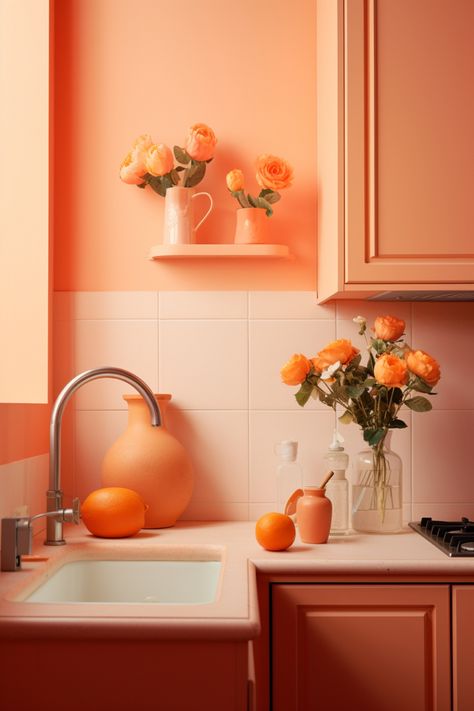 Kitchen Peach Color, Pastel Orange Kitchen, Peach Colour Interior, Pastel Orange Kitchen Cabinets, Peach Tiles Kitchen, Deco Orange, Hall Colour, Peach Kitchen, Cream Kitchen