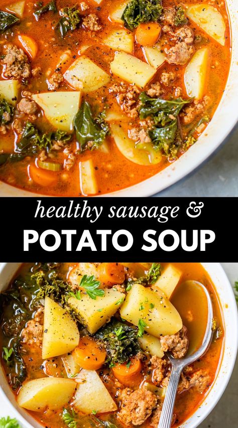 Sausage And Potato Soup, Sausage Potato Soup, Sausage Soup Recipes, Sausage Potato, Sausage Potatoes, One Pot Dinners, Spicy Sausage, Health Dinner Recipes, Think Food