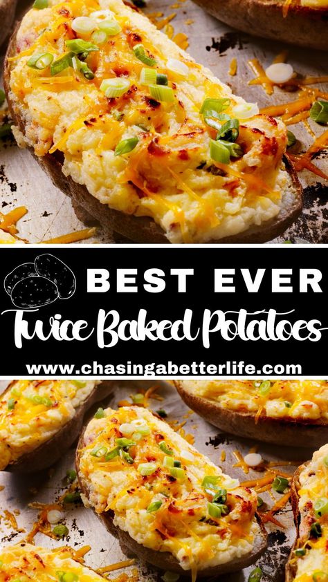 Loaded twice baked potatoes are an indulgently delicious side dish. They are easy but impressive and loaded with flavor. Best of all, they can be made ahead of time and frozen, then served whenever you need a delicious side dish. Twice Stuffed Baked Potatoes, Twice Baked Potatoes In The Oven, Make Ahead Twice Baked Potatoes, Twice Baked Potatoes Easy, Double Stuffed Potatoes, Loaded Twice Baked Potatoes, Double Baked Potatoes, Easy Twice Baked Potatoes, Twice Baked Potatoes Recipe