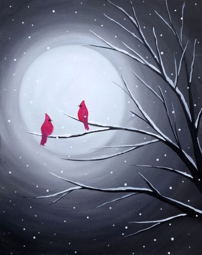 Cardinals In The Snow Winter Scenes, Winter Cardinal Painting Easy, Diy Holiday Painting, Easy Cardinal Painting, Winter Sip And Paint Ideas, 4 X 4 Canvas Painting Ideas, How To Paint A Cardinal, Easy Xmas Paintings, Winter Scene Paintings Easy