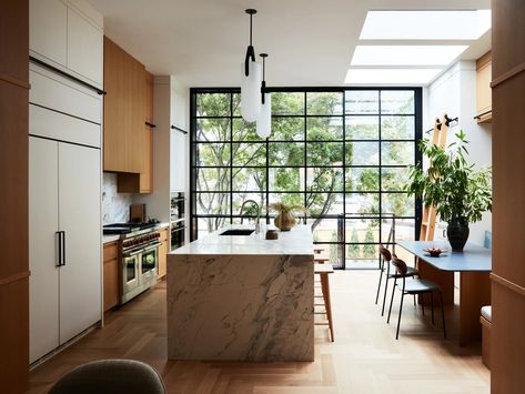 J. Patryce Design | Architectural Digest Brownstone Kitchen, Townhouse Kitchen, Light In Dark, Wooden Side Tables, Vintage Lounge Chair, Property Design, Walnut Dining Table, Oak Kitchen, Through The Window