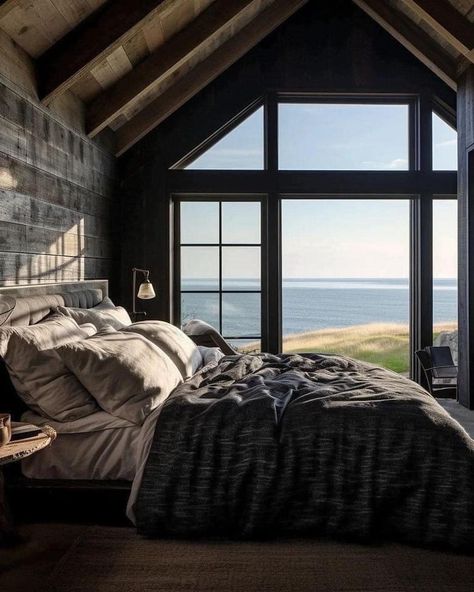 Black Coastal Bedroom, Dark Beach House, Black Coastal, Sea Cottage, Dark Beach, Cottage Interior, Coastal Bedroom, Coastal Homes, Beach House