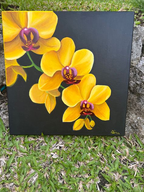 Orchid Painting Acrylic Abstract, How To Paint Orchids Acrylic, Yellow Flower Painting Easy, Acrylic Pattern Painting, Flower Painting Canvas Acrylic, Painting Ideas Yellow, Orchid Painting Acrylic, Flower Painting Canvas Abstract, Realistic Flower Painting