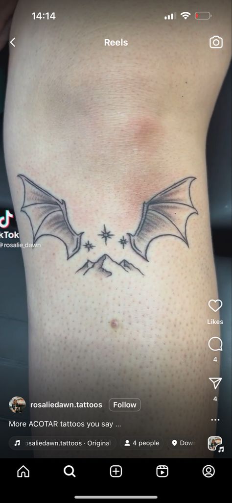 Bat Tattoo On Knee, Knee Wings Tattoo, Wings Under Knee Tattoo, Wings Knee Tattoo, Wing Knee Tattoo, Acotar Bat Wings Tattoo, Bat Wings Tattoo On Back, Bat Wing Tattoo, Bat Wings Tattoo