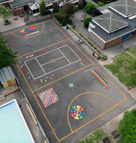 If you’re looking for a fun and colourful way to brighten up your school playground, then our range of playground markings are the perfect solution! We’ve got a huge range of designs to choose from, so you’re sure to find something to suit your school’s needs. School Yard Design, Playground Floor Plan, School Playground Ideas, Playground Flooring Outdoor, School Playground Design, Elementary School Playground, Playground Markings, Playground Painting, Classroom Awards