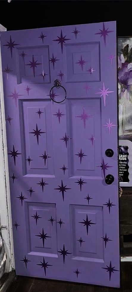 Magic Furniture, Magical Front Door, Star Door, Purple Witch Bedroom, Purple Aesthetic Room Decor, Purple Whimsigothic Bedroom, Door Art Bedroom Aesthetic, Purple Aesthetic Room Ideas, Aesthetic Door Decor