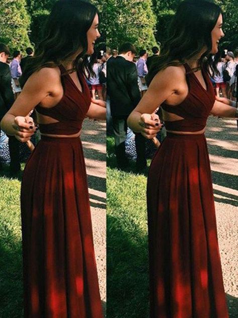 A-Line/Princess Sleeveless Halter Chiffon Floor-Length Two Piece Dresses Cheap Prom Dresses Uk, Maroon Bridesmaid, Maroon Bridesmaid Dresses, Burgundy Evening Dress, 2 Piece Prom Dress, Halter Prom Dresses, Spaghetti Strap Prom Dress, Burgundy Prom Dress, Dress Chiffon