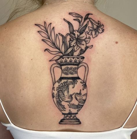 Custom Vase, Vase Tattoo, Floral Back Tattoos, Hipster Tattoo, Greek Tattoos, Stylist Tattoos, Tattoo Portfolio, Line Art Tattoos, Back Tattoo Women