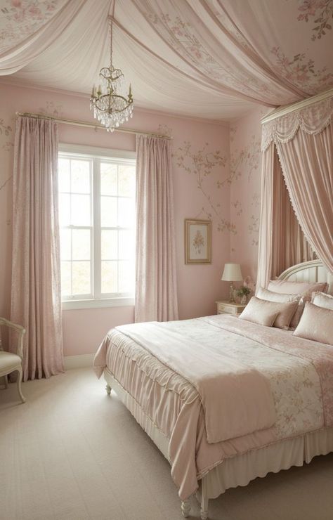 Fairycore Bedroom Ideas, Pink And Gold Girls Bedroom, Vintage Vanity Table, Pink Bed Canopy, Light Pink Bedrooms, Princess Canopy Bed, Loft Bed Plans, Home Vibes, Pink Bedroom Ideas