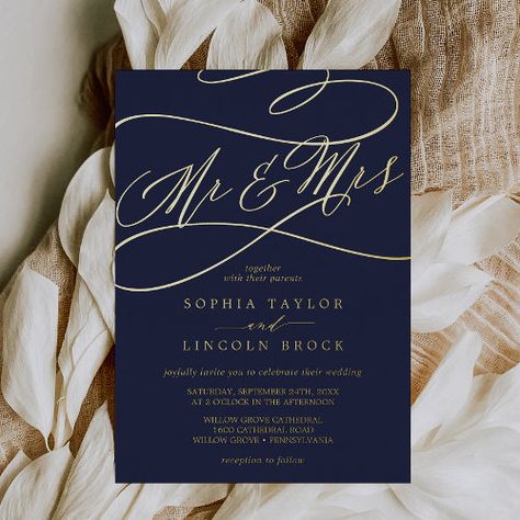 Navy And Gold Invitations, Deep Blue Wedding Theme, Navy Blue And Black Wedding, Dark Blue And Gold Wedding, Midnight Blue Wedding Theme, Navy Champagne Wedding, Navy Blue Wedding Ideas, Dark Blue Wedding Theme, Leaf Font