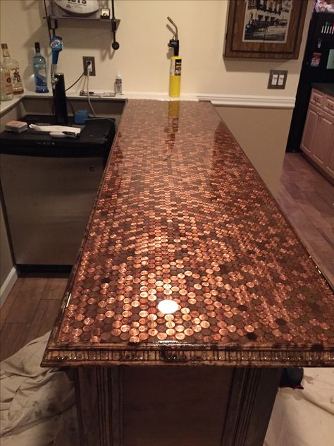 My Penny bar top Cheap Bar Top Ideas, Cool Bar Top Ideas, Resin Bar Top Ideas, Wooden Bar Top Ideas, Bar Tops Ideas, Penny Bar Top, Tile Bar Top, Epoxy Bar Top Ideas, Resin Bar Top