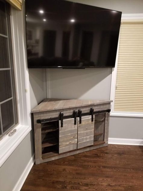 Bedroom Furniture Redo, Barn Door Entertainment Center, Corner Tv Stand, Corner Tv, Diy Barn Door, Corner Unit, Sliding Barn Door, Living Room Tv, A Tv