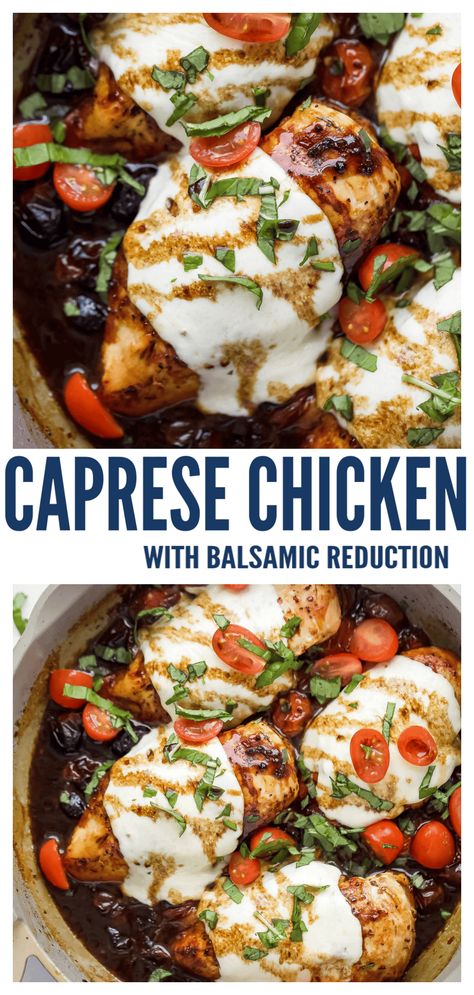 This juicy, baked chicken caprese is drizzled with balsamic reduction for a savory meal you'll love! Each bite is filled with fresh basil, melty mozzarella, and sweet roasted tomatoes for a mouthwatering chicken dinner you'll never regret making #chickendinner #chickenrecipes #bakedchicken #chickencaprese #caprese #easydinnerideas Chicken Basil Mozzarella, Chicken With Pesto Tomato And Mozzarella, Chicken Caprese Pasta Bake, Caprese Salad Chicken, Chicken Mushroom Mozzarella Recipes, Caprese Chicken Recipe, Baked Chicken Caprese Recipe, What To Make With Basil, Mozarella Recipes Dinner