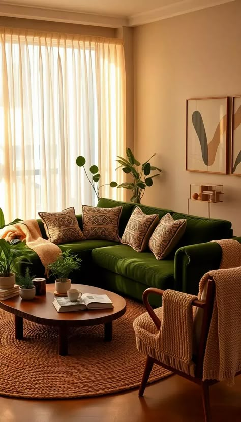 Green Couches, Cozy Living Room Inspiration, Green Couch Living Room, Green Sofa Living, Green Sofa Living Room, Green Couch, Beige Living Rooms, Green Sofa, Living Room Green