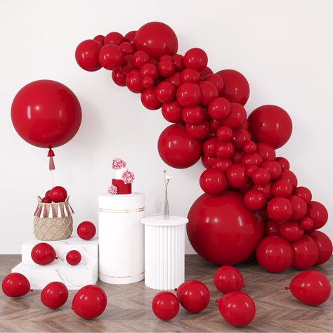 PRICES MAY VARY. RUBY RED BALLOON KIT: Includes 116 red balloons - Giant 36inch 2pcs,18inch 4pcs, 12inch 25pcs, 10inch 25pcs, 5inch 60pcs and 6 pieces of glue, 2 rolls of ribbon of the same color. Balloons with different sizes can meet your needs for different styles. PREMIUM QUALITY: The Thicken large deep red balloons are made of premium natural latex material, which is durable and non-toxic. supporting air and helium. Please do not inflate the balloon more than 90%, or rub it against overheat Red Baby Shower, Balloons For Birthday, Blowing Up Balloons, Balloon Kit, Garland Arch, Large Balloons, Bachelorette Party Themes, Colourful Balloons, Red Balloon