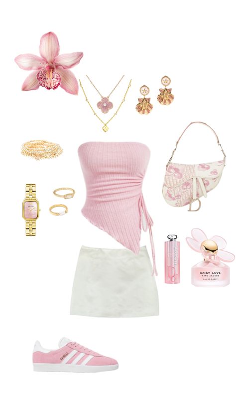 Pink Outfits Summer Aesthetic, White Skirt And Pink Top Outfit, Summer Flower Outfits, Pink Summer Outfits Girly, Pink And White Outfit Ideas Party, Pink Summer Outfits Casual, Outfit Ideas For Spain, Holiday Outfits Summer Aesthetic, Fav Aesthetic Dti Outfit