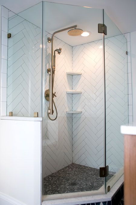 Glass Corner Shower, Architecture Renovation, Mold In Bathroom, Steam Showers Bathroom, Herringbone Tile, Corner Shower, Bad Design, Bathroom Renos, Shower Stall