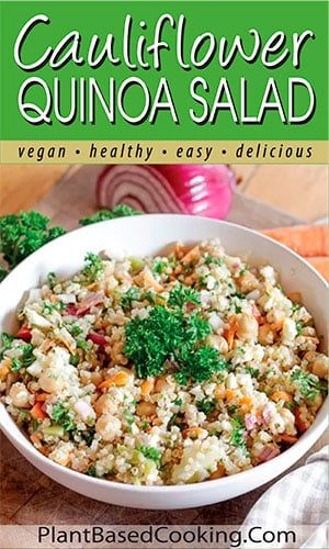 This gluten-free crunchy salad with a bright oil-free vinaigrette is a tasty lunch or side dish for dinner. It provides healthy cruciferous cauliflower and broccoli and is colorful to serve. #cauliflower #quinoa #plantbased #wfpb . Gluten Free Quinoa Salad, Cauliflower Quinoa, Side Dish For Dinner, Tasty Cauliflower, Cauliflower And Broccoli, Raw Cauliflower, Crunchy Salad, Tasty Lunch, Vegan Salad Recipes