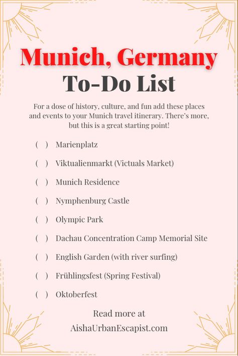 Checklist of things to do in Munich Germany Outfits For Munich, Germany Attire, Munich Bucket List, Munich Germany Outfit Summer, Munich Germany Outfit, What To Do In Munich Germany, Germany Trip, Germany Munich, Things To Do In Munich Germany