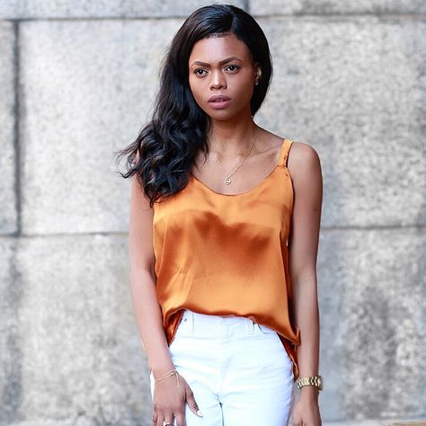 orange silk camisole Dadou Studios | Dadou~Chic Silk Outfits, Silk Cami, Silk Camisole, Style Blog, Fashion Blog, Camisole Top, Personal Style, Tank Tops, Silk