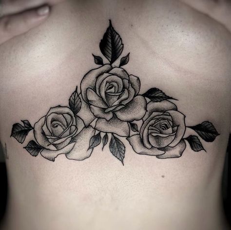 Stippling Rose Tattoo, Sternum Rose Tattoo Women, Chest Tattoo Rose, Rose Sternum Tattoo Women, Sturnum Tattoos, Rose Tattoo Sternum, Sternum Tattoo Cover Up, Rose Tattoo Under Breast, Rose Tattoo Between Breast