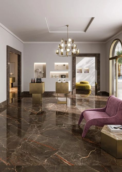 Tiles from Ceramiche Keope feature on Dezeen Showroom Brown Tiles Floor Living Room, Living Room Design Brown, Marble Tiles Living Room, Marble Floor Living Room, Marble Living Room, Tiles Living Room, Marble Flooring Design, Tile Floor Living Room, Brown Tile