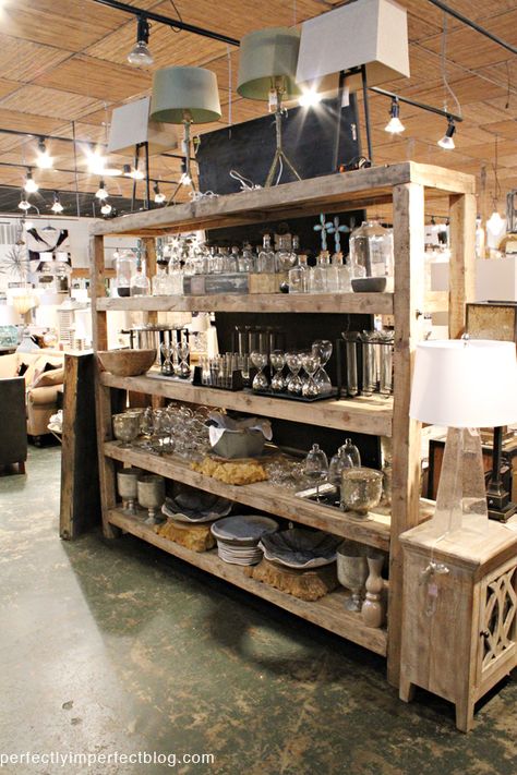 barn board shelving, I would love to have a kitchen like this open all they way around and no doors to shut! LOVE IT Natural Wood Shelves, Wood Shelves Kitchen, Gift Shop Displays, Design Café, Store Interiors, Store Fixtures, Rustic Shelves, Store Displays, Shop Interiors