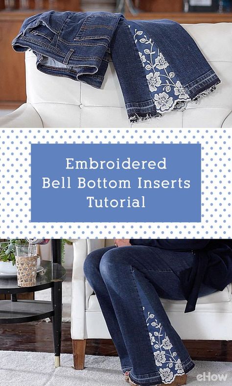 Embriodered jeans are in! Add your favorite design with easy to add inserts that flare out your favorite denim pair. Diy Bell Bottom Jeans, Diy Flare Jeans, Diy Bell Bottoms, Refashion Jeans, Jeans Refashion, Jeans Tutorial, Hippie Jeans, Repurposed Clothing, Upcycle Jeans